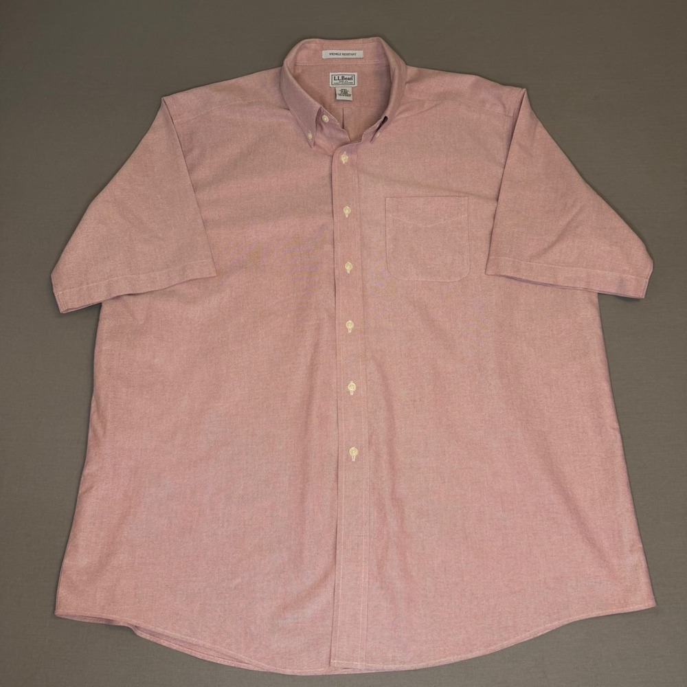 LL Bean Mens 18-REG Short Sleeve Oxford Shirt Pink Wrinkle Resistant Cotton